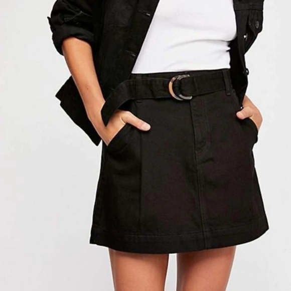 Free People Jade Rigid Denim Black Belted Mini Skirt 28 - Picture 1 of 9